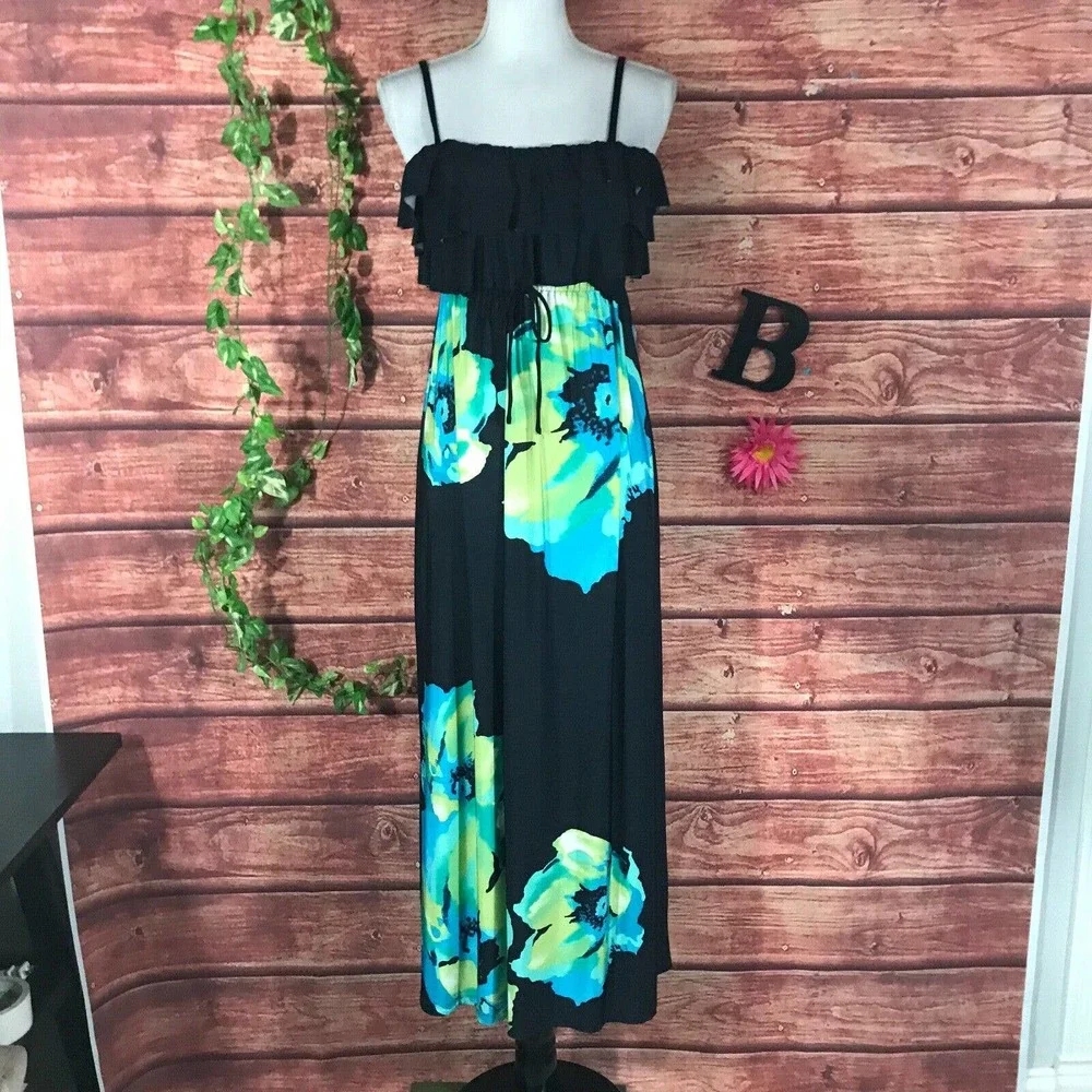 Floral Black and Blue Maxi Dress - Picture 4 of 12